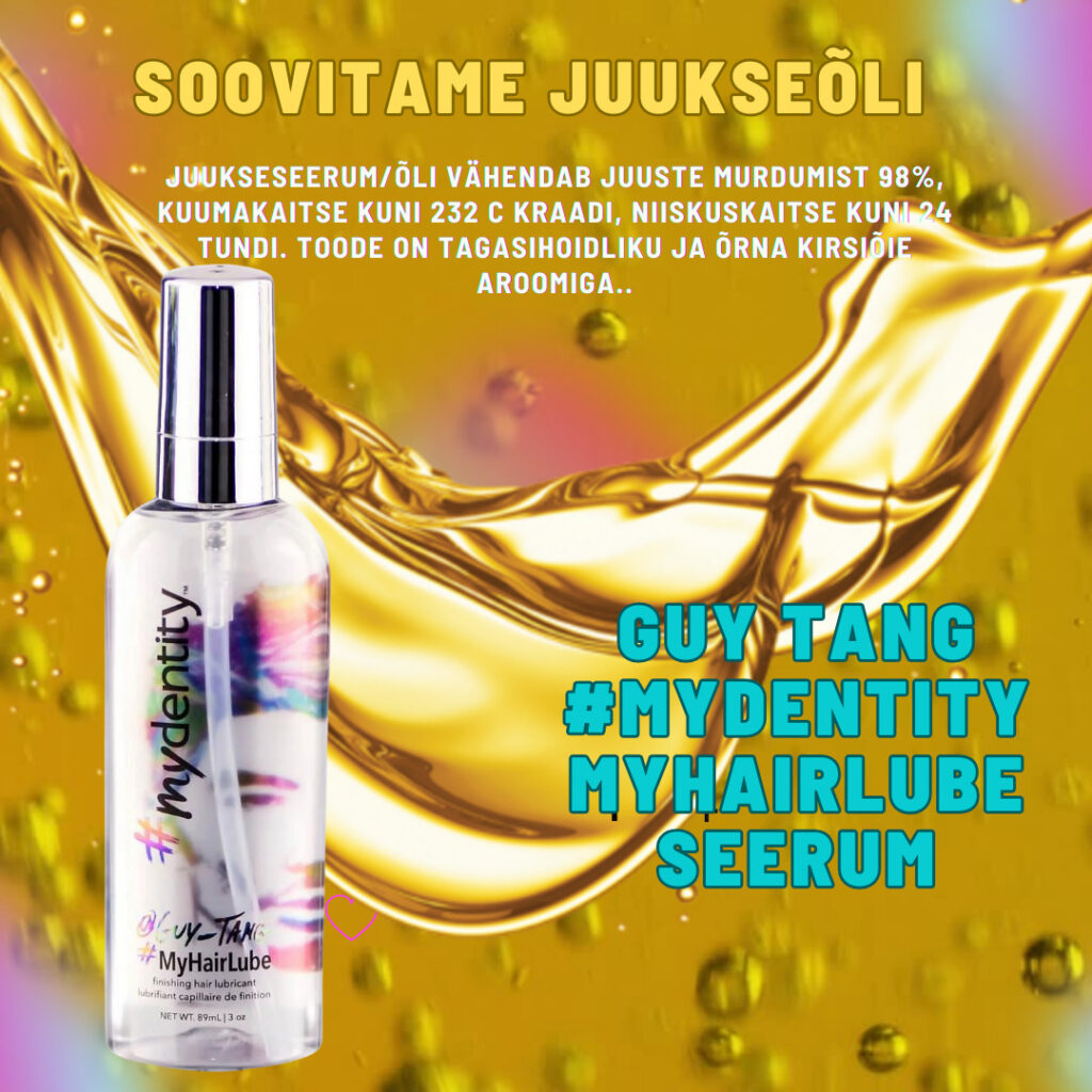 Guy Tang #mydentity MYHAIRLUBE SEERUM – Juukseseerum/õli vähendab juuste murdumist 98%,
kuumakaitse kuni 232 C kraadi, niiskuskaitse kuni 24 tundi. Toode on tagasihoidliku ja õrna kirsiõie
aroomiga.
MyHairlube seerumit võib kasutada nii soengu viimistlemiseks kui ka kammimise hõlbustamiseks ja
kuumakaitseks niisketesse juustesse kandmiseks.
Mõlemal juhul jäävad juuksed ühtlased ja valgustpeegeldava läikega.
Kliendile soovituslik väljamüügi hind on 28€. Maht 88 ml.
