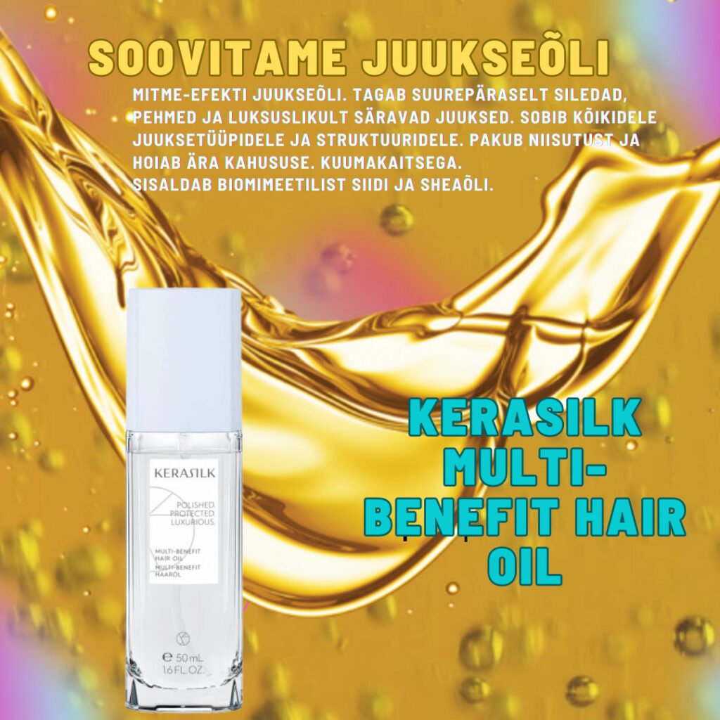 KERASILK MULTI-BENEFIT HAIR OIL 50ml
Mitme-efekti juukseõli. Tagab suurepäraselt siledad, pehmed ja
luksuslikult säravad juuksed. Sobib kõikidele juuksetüüpidele ja
-struktuuridele. Pakub niisutust ja hoiab ära kahususe. Kuumakaitsega.
Sisaldab biomimeetilist siidi ja sheaõli. Kasutamine: Kanna
rätikukuivadele või kuivadele juustele ja juusteotstele. Jäta juustesse.