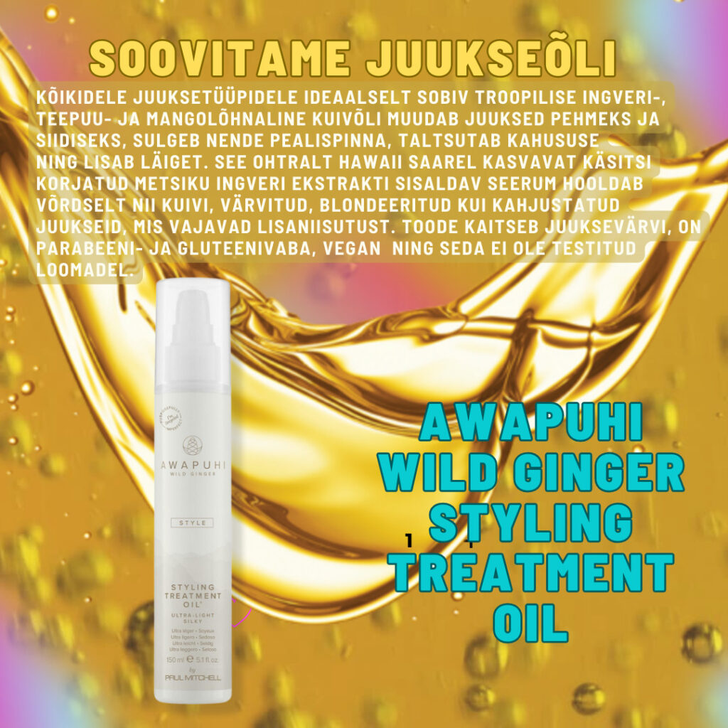 Kõikidele juuksetüüpidele ideaalselt sobiv troopilise ingveri-, teepuu- ja mangolõhnaline
kuivõli muudab juuksed pehmeks ja siidiseks, sulgeb nende pealispinna, taltsutab kahususe
ning lisab läiget. See ohtralt Hawaii saarel kasvavat käsitsi korjatud metsiku ingveri ekstrakti
sisaldav seerum hooldab võrdselt nii kuivi, värvitud, blondeeritud kui kahjustatud juukseid,
mis vajavad lisaniisutust. Toode kaitseb juuksevärvi, on parabeeni- ja gluteenivaba, vegan
ning seda ei ole testitud loomadel.